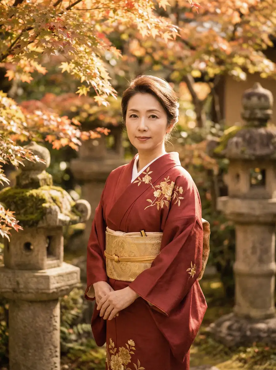 一位身穿暗红色和服的优雅 神马电影达达兔 在日式庭院中